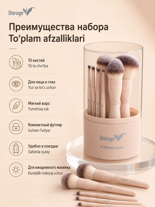 Набор кистей для макияжа Daroge, 10 шт., с органайзером для лица и глаз