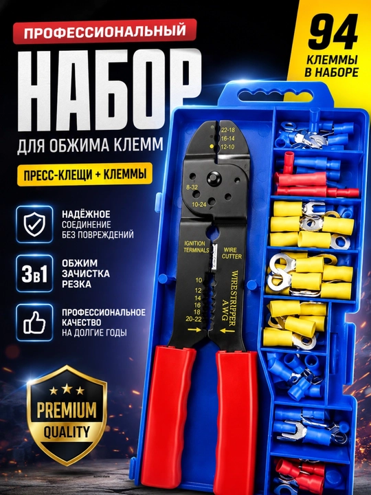 Набор для обжима клемм: пресс-клещи + 94 шт клемм в кейсе - 