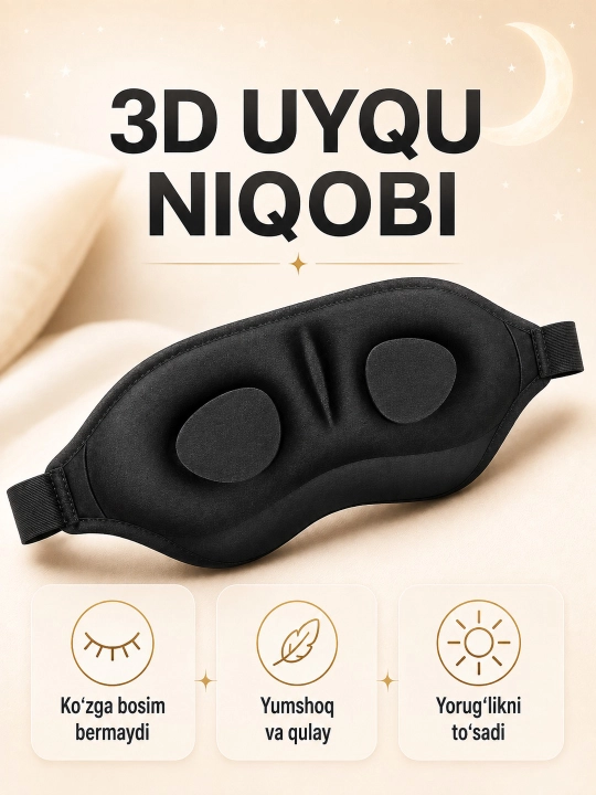 3D uyqu niqobi, ko‘zga bosim bermaydi, yorug‘likni to‘sadi, sayohat uchun - 