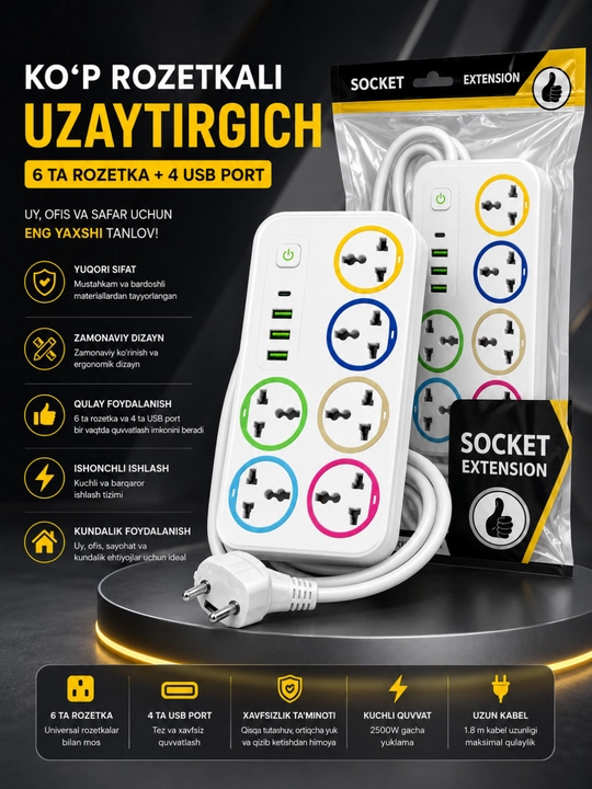 USB, Type-C, himoya va Premium rozetkalarga ega universal tarmoq uzaytirgichi - 