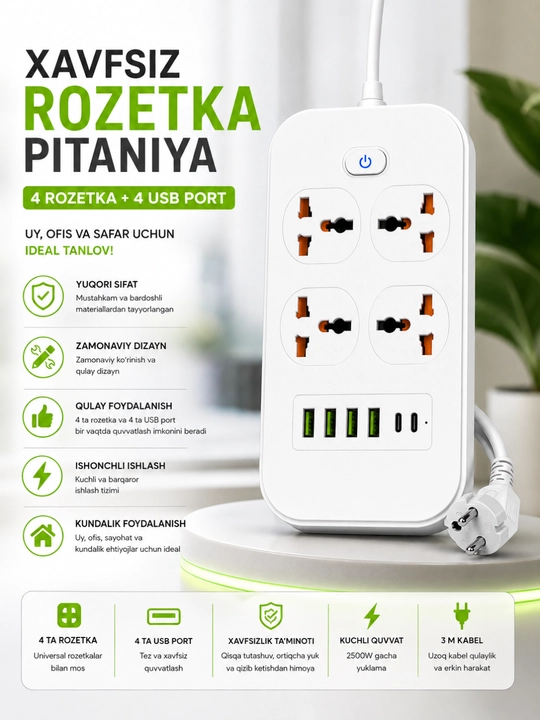 USB, Type-C, himoya va Premium rozetkalarga ega universal tarmoq uzaytirgichi - 