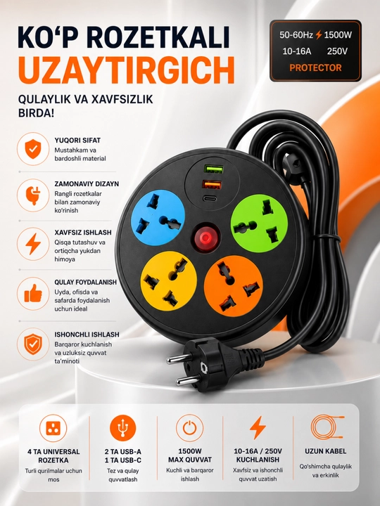 USB, Type-C, himoya va Premium rozetkalarga ega universal tarmoq uzaytirgichi - 