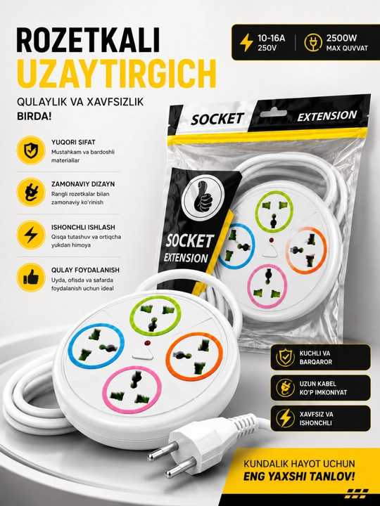 USB, Type-C, himoya va Premium rozetkalarga ega universal tarmoq uzaytirgichi - 