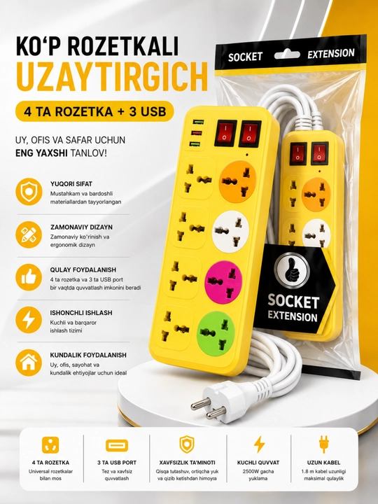 USB, Type-C, himoya va Premium rozetkalarga ega universal tarmoq uzaytirgichi - 