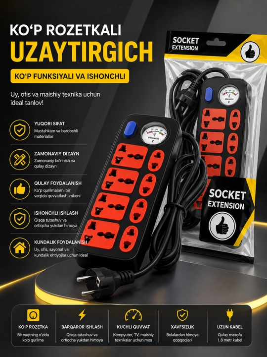 USB, Type-C, himoya va Premium rozetkalarga ega universal tarmoq uzaytirgichi - 