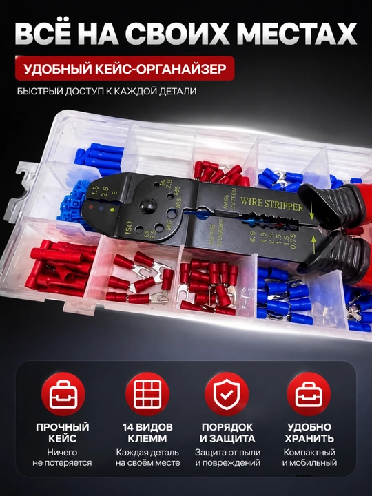 Набор для обжима проводов: кримпер-стриппер + 181 шт клемм и стяжек в кейсе