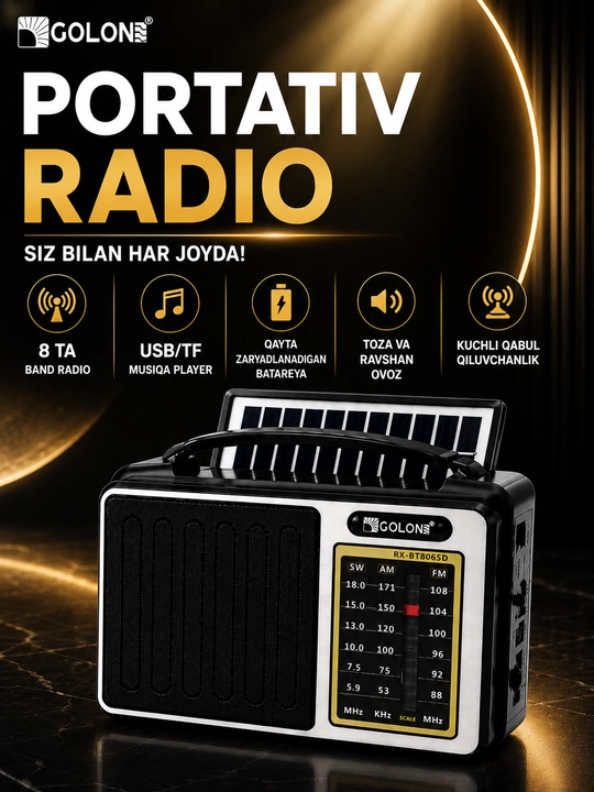 Radio GOLON RX-BT806SD portativ radiopriyomnik Bluetooth FM AM SW USB TF qora