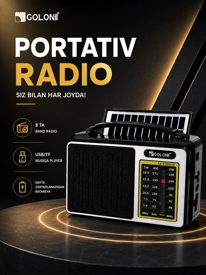 Radio GOLON RX-BT806SD portativ radiopriyomnik Bluetooth FM AM SW USB TF qora