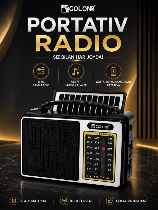 Radio GOLON RX-BT806SD portativ radiopriyomnik Bluetooth FM AM SW USB TF qora