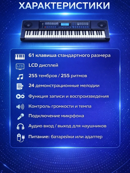 Elektron sintezator MK-2106, 61 tugmali, mikrofon bilan, LCD displeyli 
