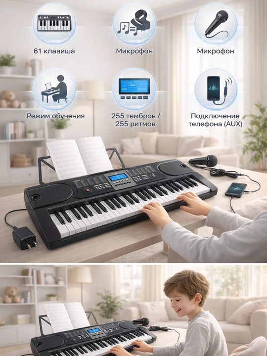 Elektron sintezator MK-2106, 61 tugmali, mikrofon bilan, LCD displeyli 