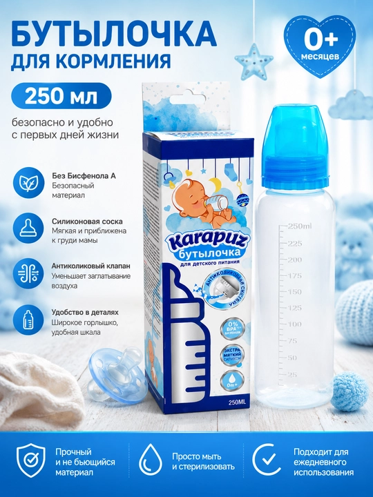 Бутылочка для кормления 125 мл, 250 мл с силиконовой соской, антиколиковая
