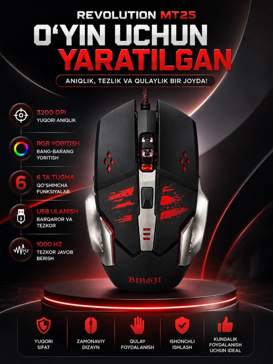 Ofis va o‘yinlar uchun simli USB sichqoncha 1200-4800 DPI yuqori aniqlik - 
