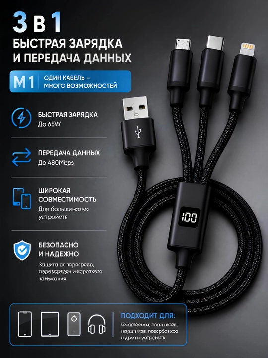M1 3-в-1 Кабель Type-C / Lightning / Micro USB (65W) с цифровым дисплеем - 