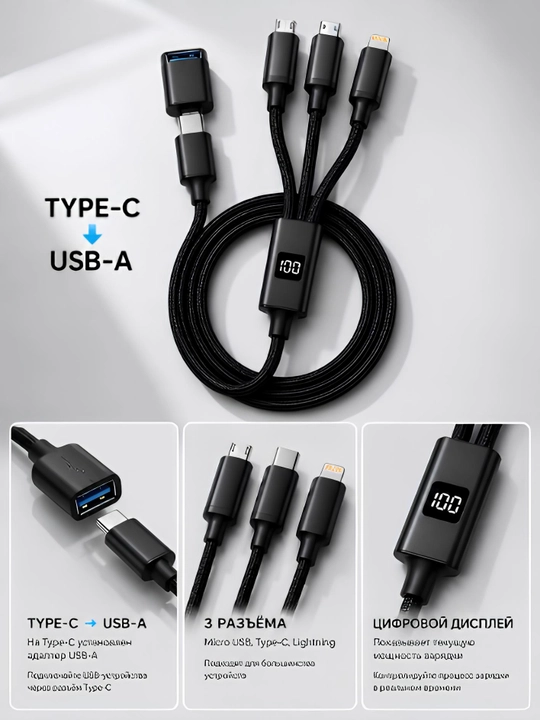 M1 3-в-1 Кабель Type-C / Lightning / Micro USB (65W) с цифровым дисплеем