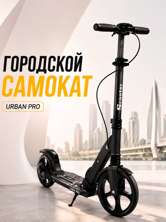 Городской самокат Urban Pro, большие колеса, амортизатор, ручной тормоз, складной, черный - 