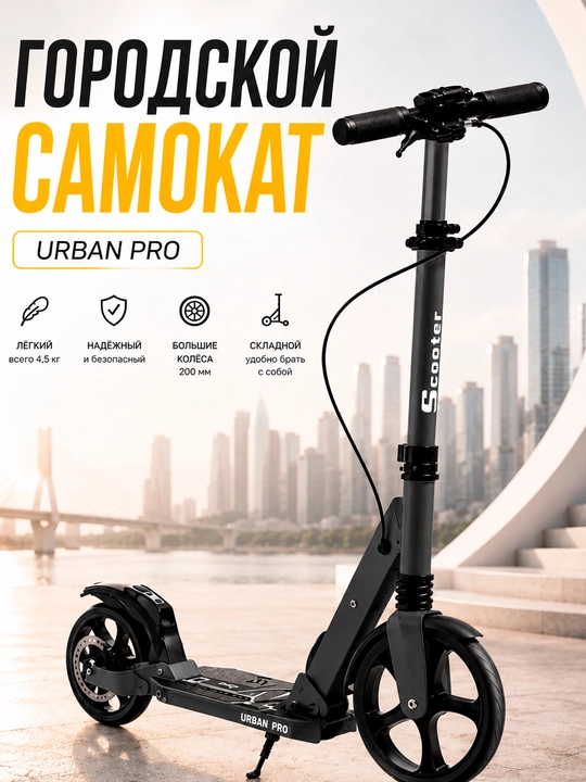 Городской самокат Urban Pro, большие колеса, амортизатор, ручной тормоз, складной, черный