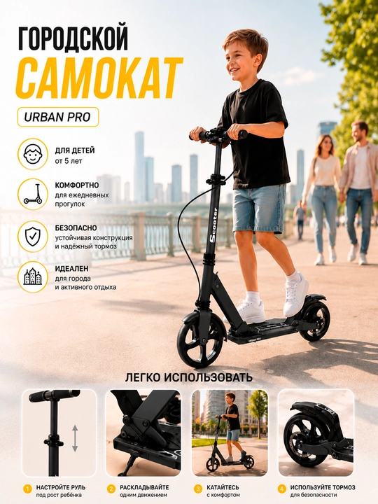 Городской самокат Urban Pro, большие колеса, амортизатор, ручной тормоз, складной, черный