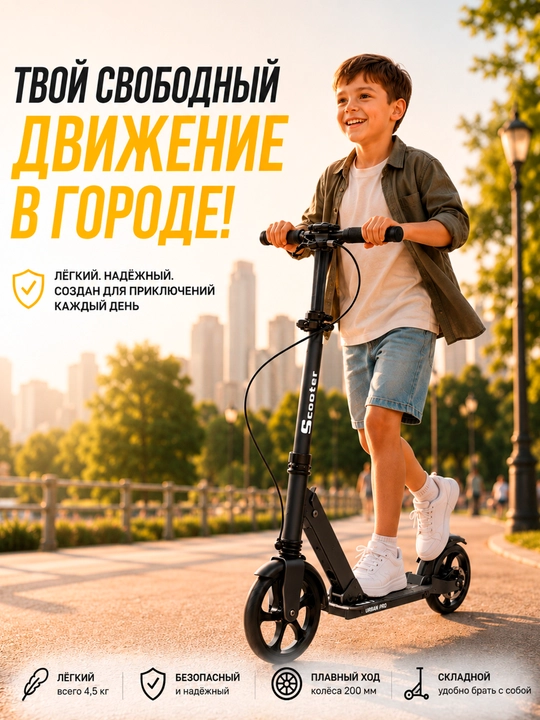Городской самокат Urban Pro, большие колеса, амортизатор, ручной тормоз, складной, черный