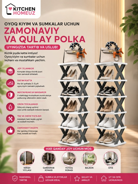 Ko‘p qavatli oyoq kiyim va sumka uchun javon