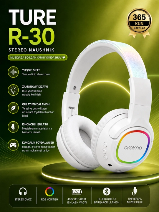 Oraimo TURE R-30 Simsiz Bluetooth Naushnik, RGB, Mikrofon, Stereo Ovoz, 48 Soat - 