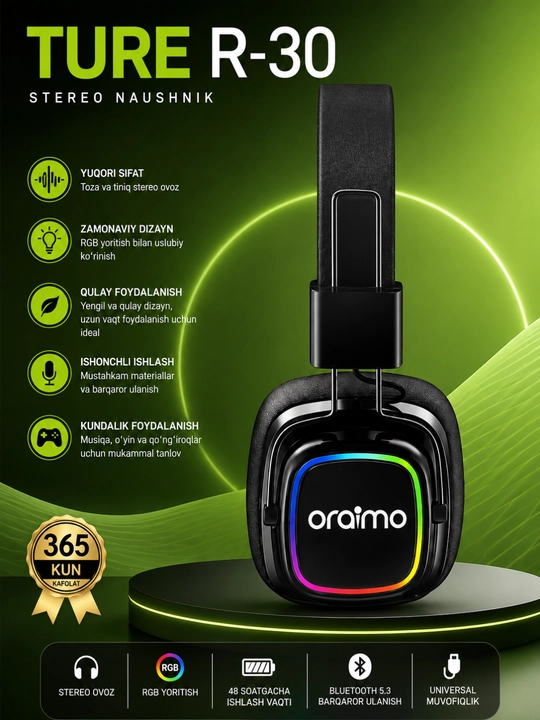 Oraimo TURE R-30 Simsiz Bluetooth Naushnik, RGB, Mikrofon, Stereo Ovoz, 48 Soat - 