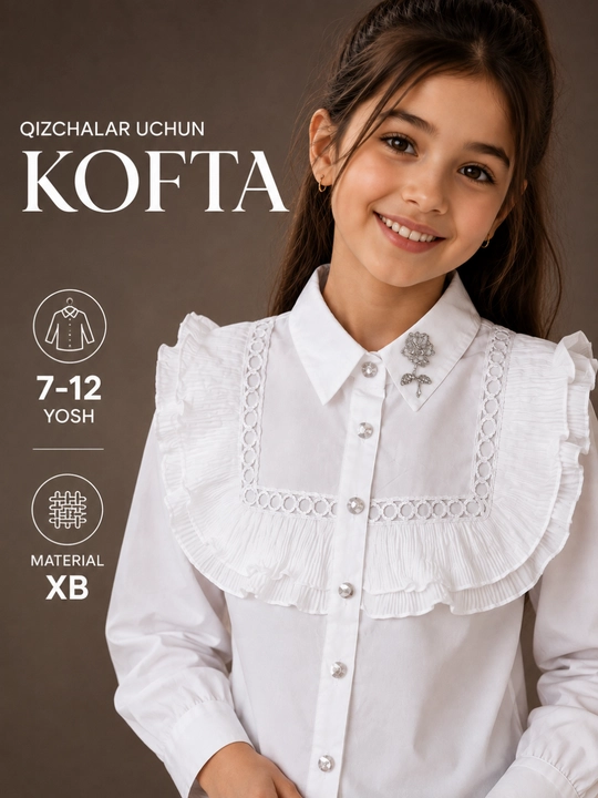 Qizlar uchun 7-12 yosh qizlar uchun oq kofta uzun yengli maktab formasi, oq rubashka - 