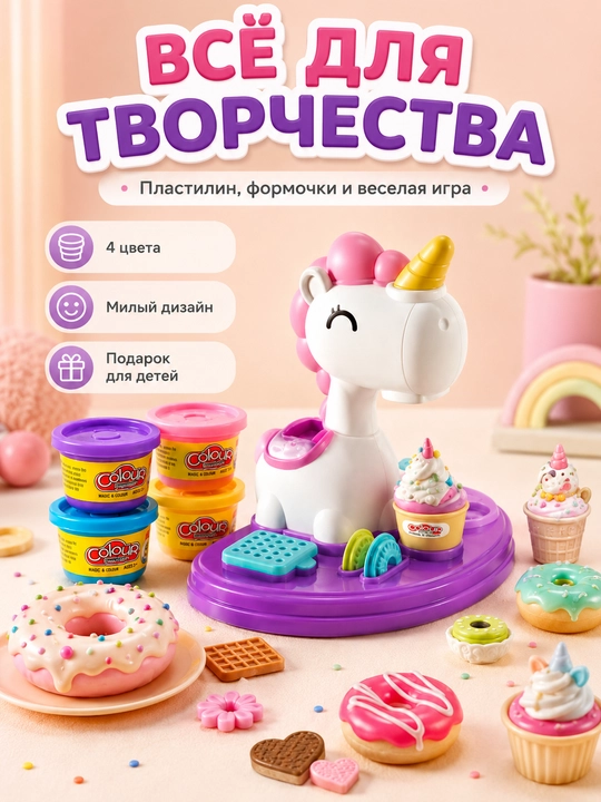 Игровой набор для лепки с пластилином «Единорог», формочки, 4 цвета, 3+ - 