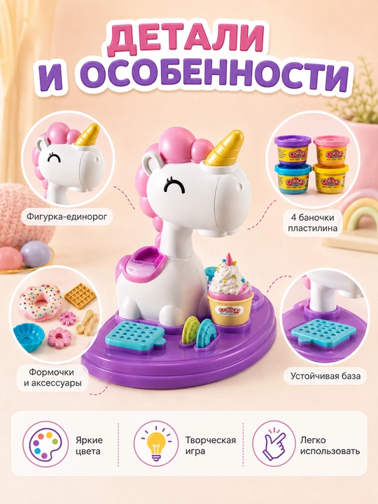 Игровой набор для лепки с пластилином «Единорог», формочки, 4 цвета, 3+