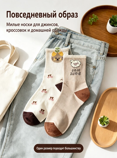 Пять пар милых, универсальных и модных носков с мультяшными рисунками для девочек