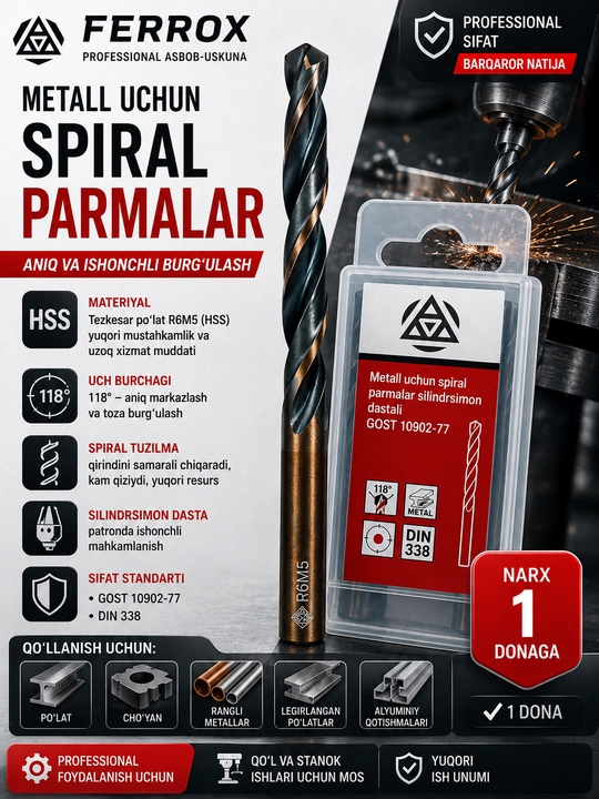 R6M5 HSS metall uchun spiral parma, silindrsimon dastali, GOST 10902-77