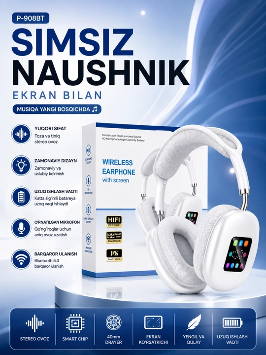 P-908BT simsiz Bluetooth sensorli ekran va mikrofonli quloqchinlar - 