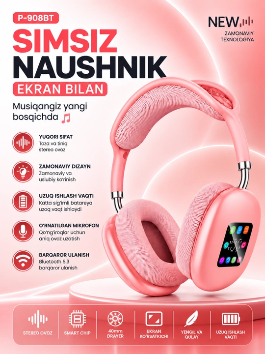P-908BT simsiz Bluetooth sensorli ekran va mikrofonli quloqchinlar - 