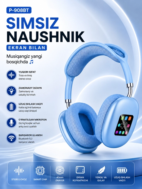 P-908BT simsiz Bluetooth sensorli ekran va mikrofonli quloqchinlar - 