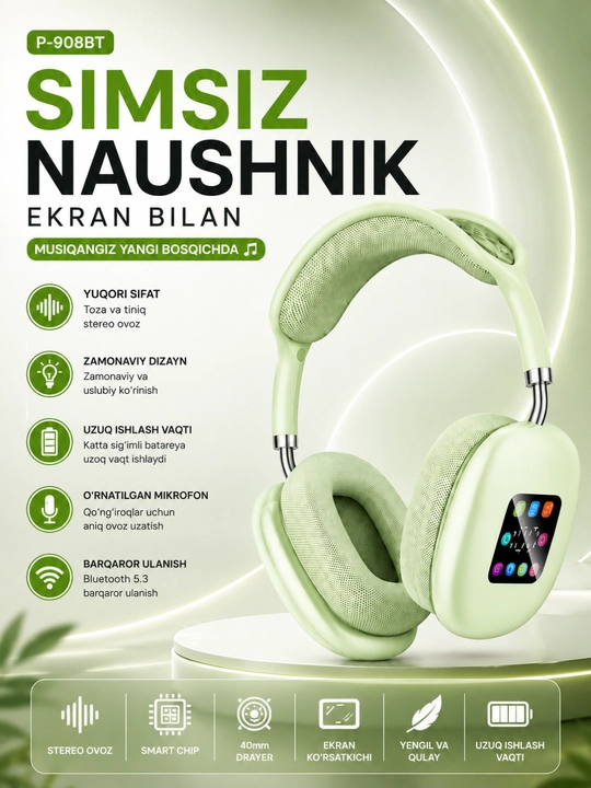 P-908BT simsiz Bluetooth sensorli ekran va mikrofonli quloqchinlar - 