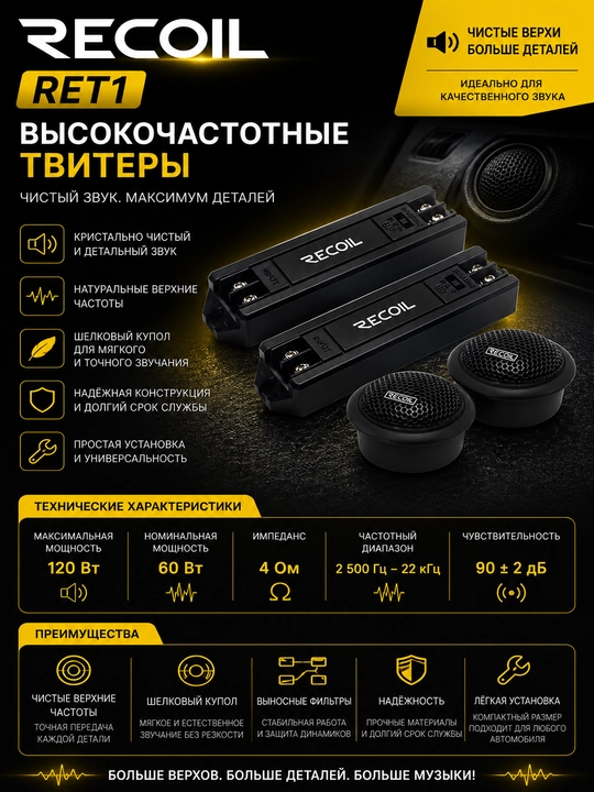 Автомобильные свитеры RET1 Echo Series 1 дюйм с шелковым куполом и магнитом - 