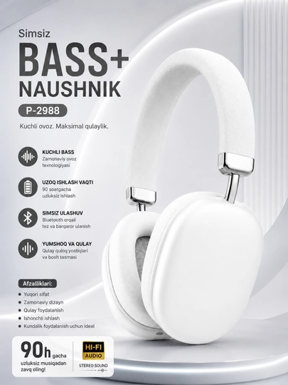 Bass+ p-2988 simsiz bluetooth quloqchin, hi-fi stereo, 90 soat batareya, buklanadigan - 