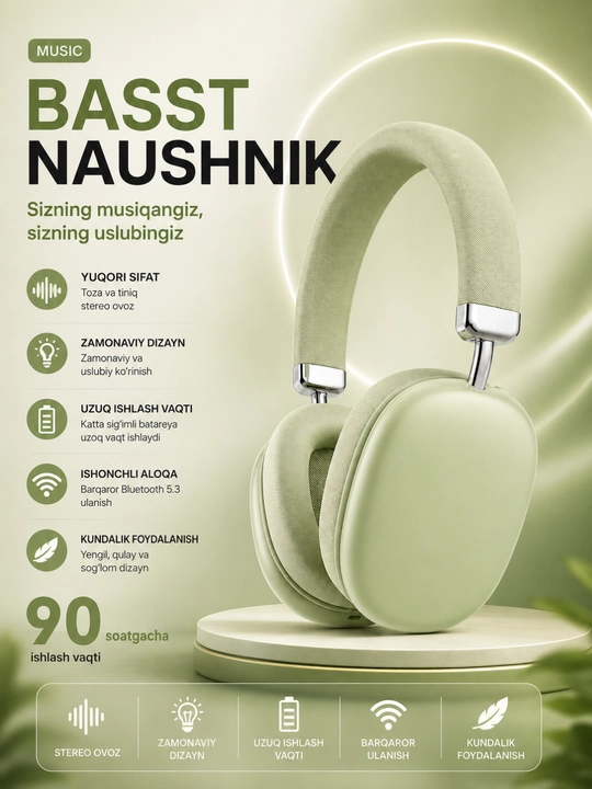 Bass+ p-2988 simsiz bluetooth quloqchin, hi-fi stereo, 90 soat batareya, buklanadigan - 