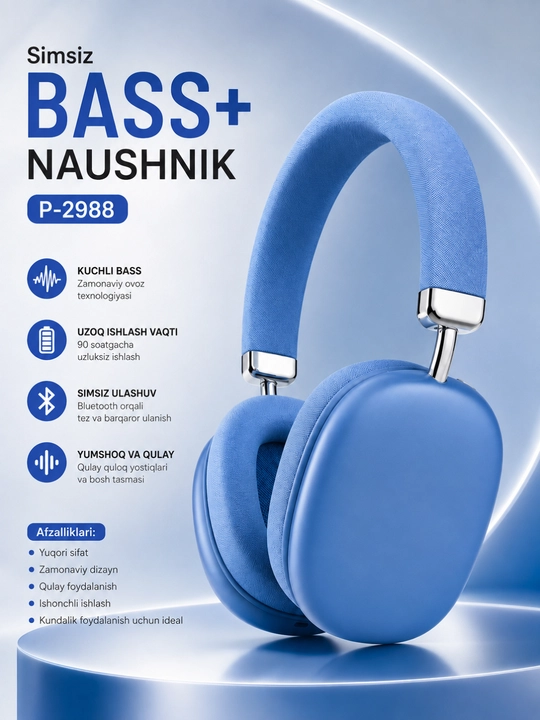 Bass+ p-2988 simsiz bluetooth quloqchin, hi-fi stereo, 90 soat batareya, buklanadigan - 