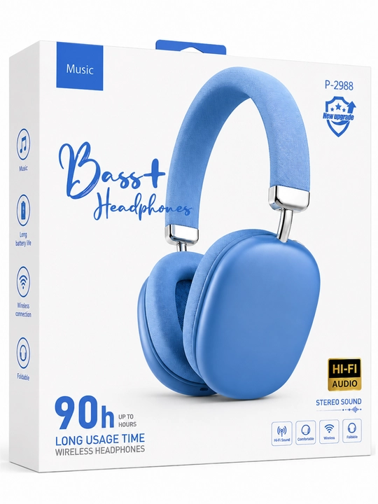 Bass+ p-2988 simsiz bluetooth quloqchin, hi-fi stereo, 90 soat batareya, buklanadigan