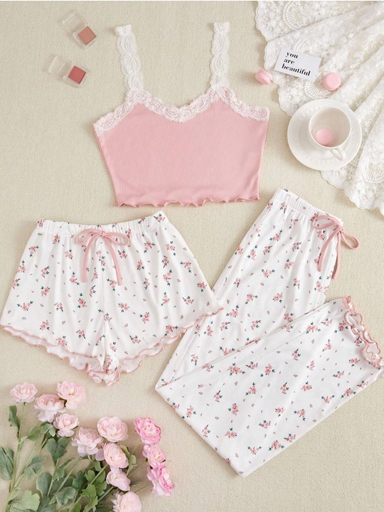 Ayollar uchun 3 tasi 1 da pijama, shim va shortik, ayollar kiyimi, uchtalik