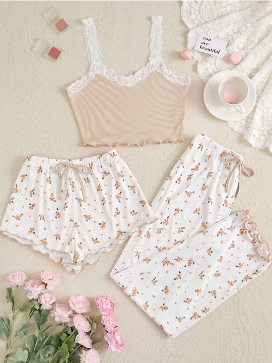 Ayollar uchun 3 tasi 1 da pijama, shim va shortik, ayollar kiyimi, uchtalik