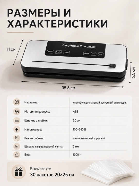 Вакуумный упаковщик для продуктов, вакууматор с пакетами 30 шт, 20×25 см
