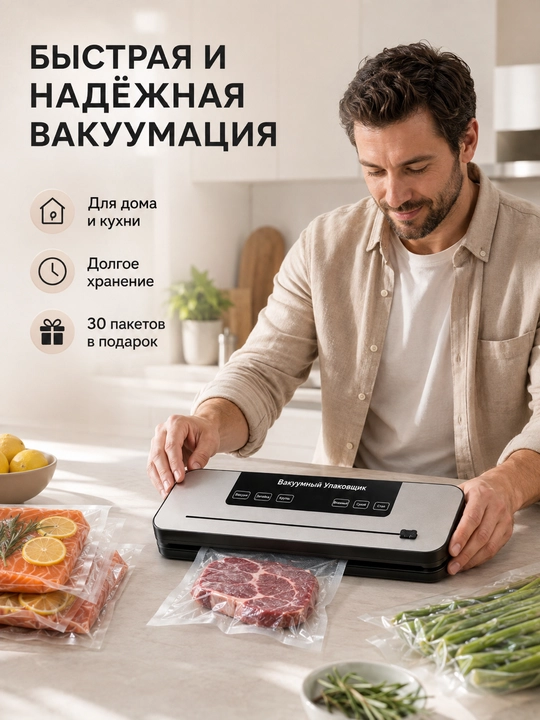 Вакуумный упаковщик для продуктов, вакууматор с пакетами 30 шт, 20×25 см