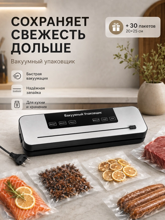 Вакуумный упаковщик для продуктов, вакууматор с пакетами 30 шт, 20×25 см - 