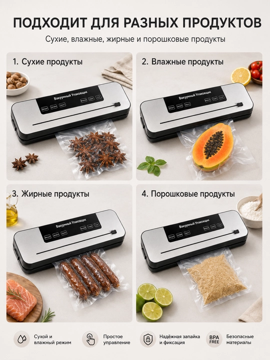 Вакуумный упаковщик для продуктов, вакууматор с пакетами 30 шт, 20×25 см