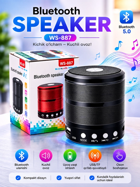 Портативная Bluetooth колонка WS-887 с FM, USB, TF, AUX беспроводной динамик - 