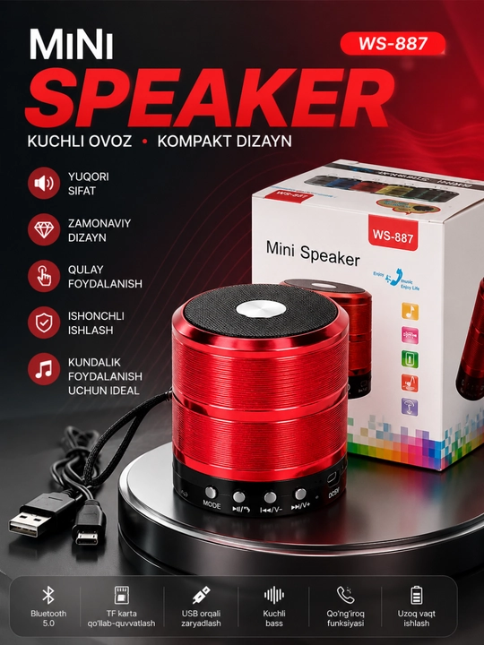 Портативная Bluetooth колонка WS-887 с FM, USB, TF, AUX беспроводной динамик - 