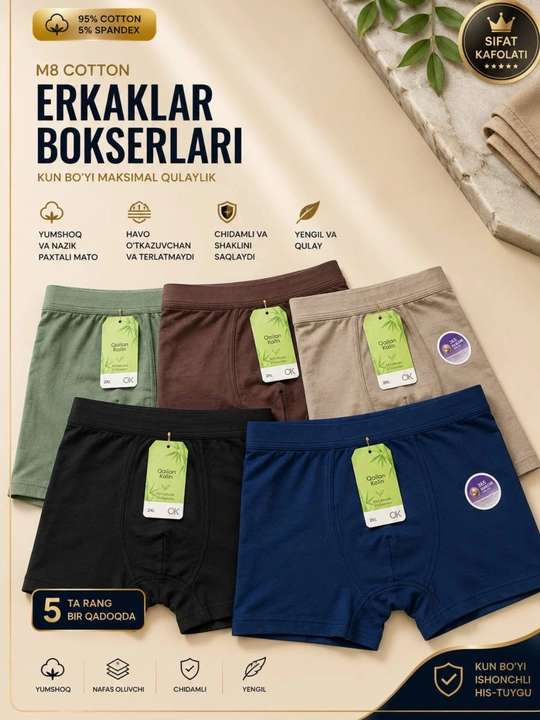 Erkaklar bokser ichki kiyimlari toʻplami M8 Cotton, 95% paxta, 5 ta rang - 