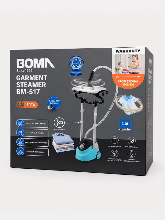 BOMA qo‘l va vertikal bug‘latgich (1500-2000 Vt), 17 soniyada tez isitiladi, 300 ml-2L